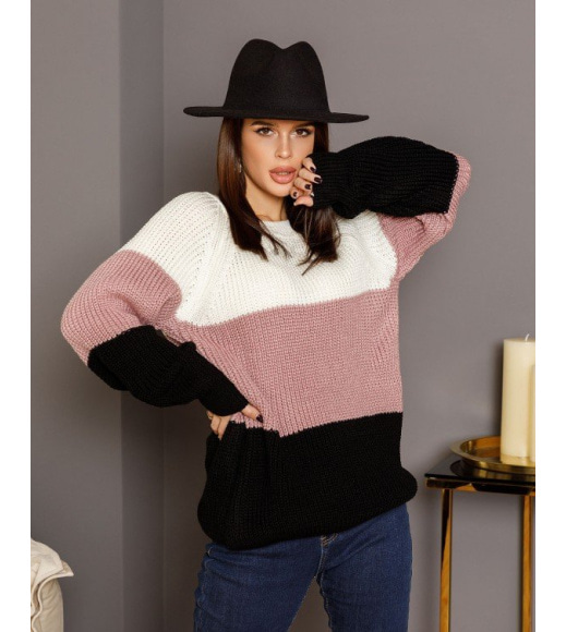 Молочно-черный комбинированный свитер объемной вязки