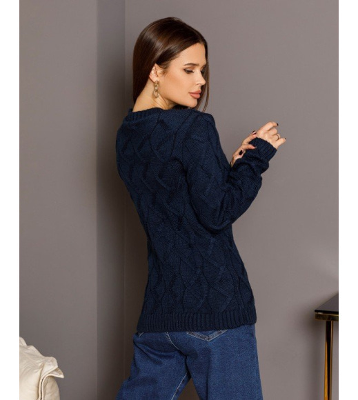 Синий шерстяной свитер объемной комбинированной вязки