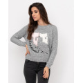 Сірий вовняний светр об`ємної в`язки з котячими нашивками