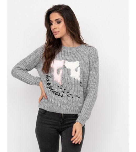 Сірий вовняний светр об`ємної в`язки з котячими нашивками