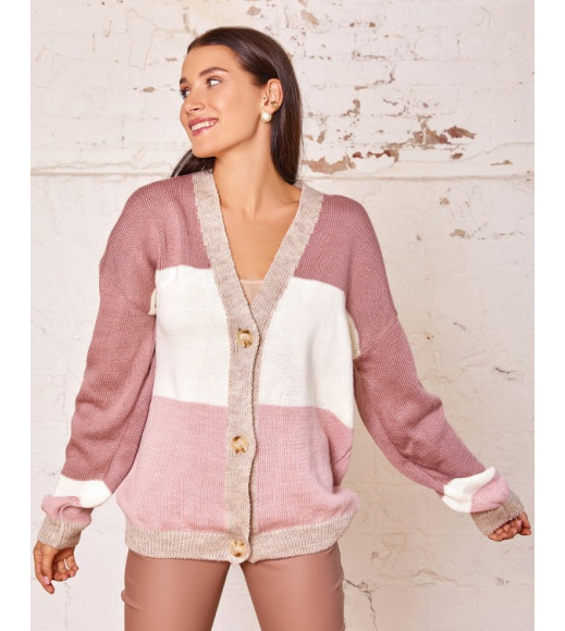 Комбінований рожевий вовняний светр на ґудзиках