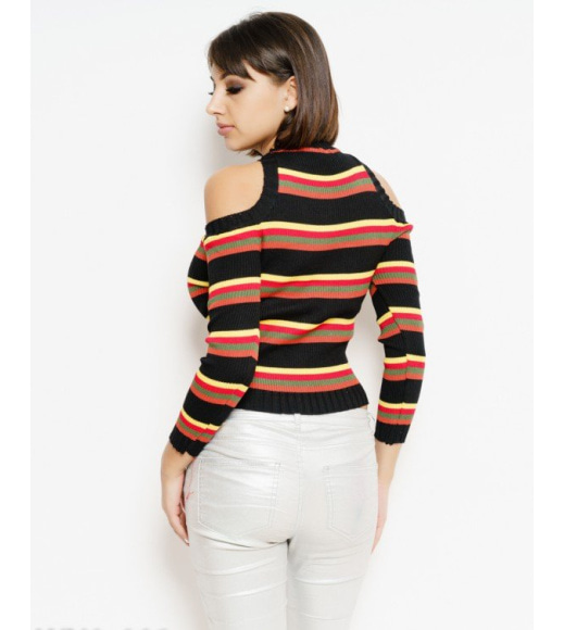 Чорний смугастий трикотажний светр з вирізами на плечах
