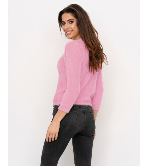 Рожевий пухнастий в`язаний светр