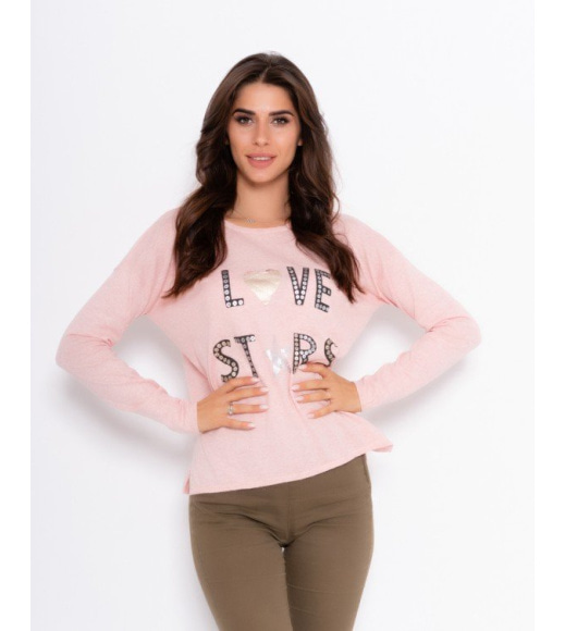 Меланжево-розовый тонкий свитер с надписью