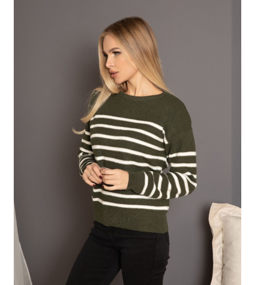 Вязаный полосатый свитер цвета хаки с люрексом