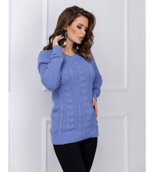 Синий шерстяной свитер ажурной вязки