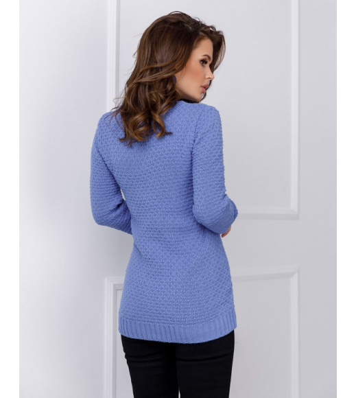 Синий шерстяной свитер ажурной вязки