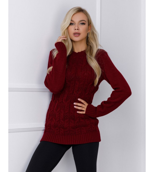 Бордовый шерстяной свитер ажурной вязки