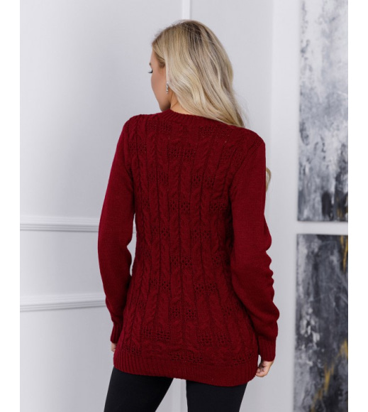 Бордовый шерстяной свитер ажурной вязки