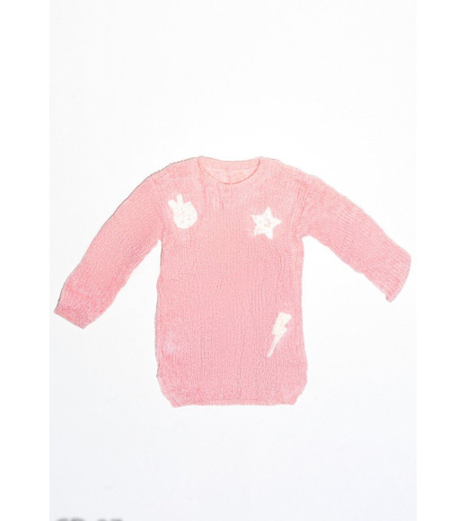 Розовый вязаный свитер с кружевными белыми нашивками