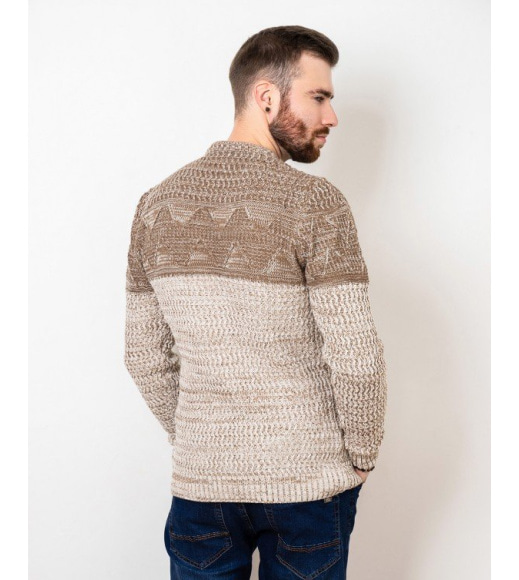 Бежевый шерстяной свитер комбинированной вязки