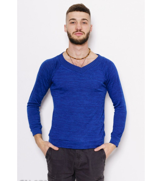 Меланжевый тонкий свитер цвета электрик с манжетами и фактурной горловиной
