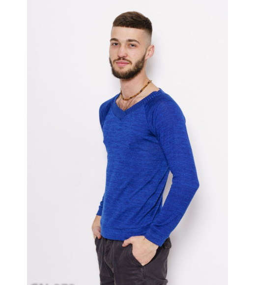 Меланжевий тонкий светр кольору електрик з манжетами і фактурної горловиною