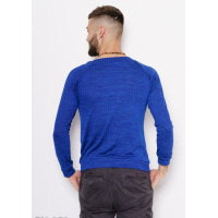 Меланжевый тонкий свитер цвета электрик с манжетами и фактурной горловиной