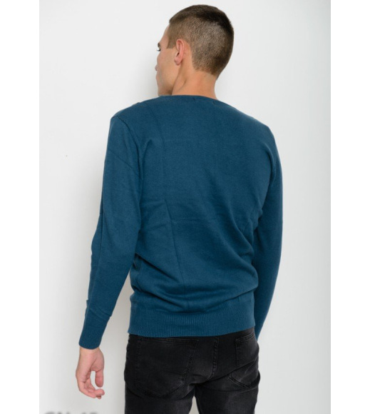 Бірюзовий тонкий вовняний светр з V-подібною горловиною декорованою гудзиками