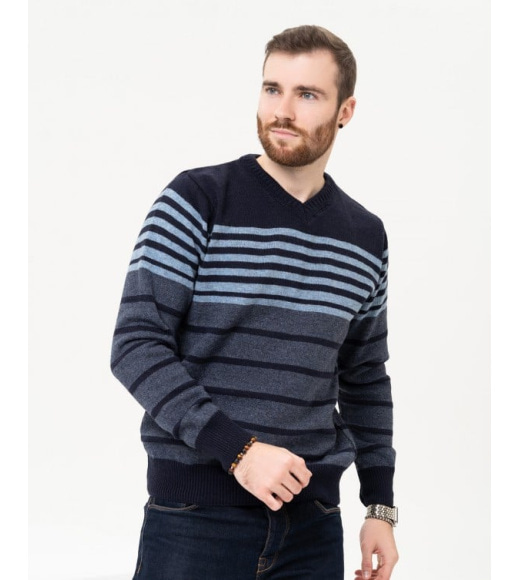 Темно-синій вовняний пуловер зі смужками