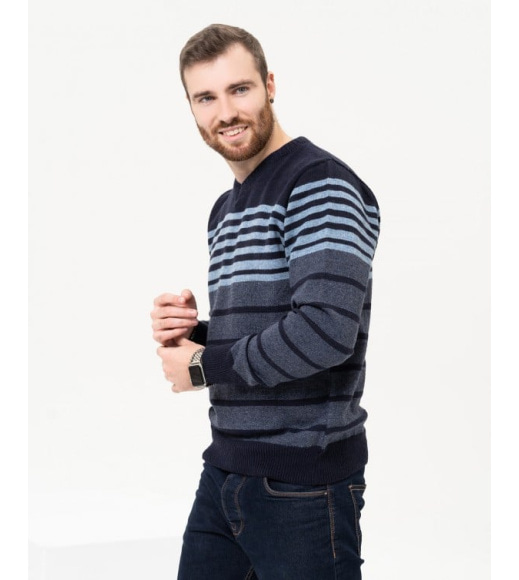 Темно-синий шерстяной пуловер с полосками
