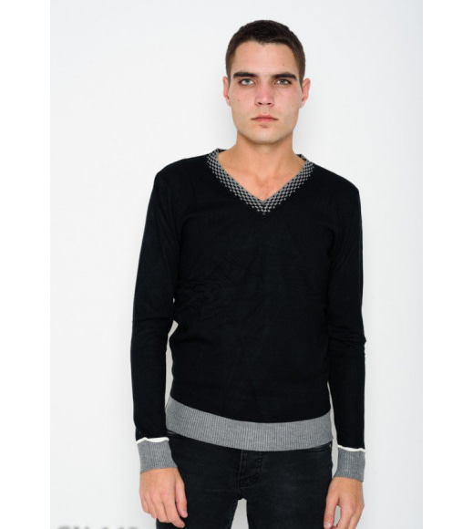 Черный классический ангоровый свитер с клетчатой V-образной манжеткой на горловине
