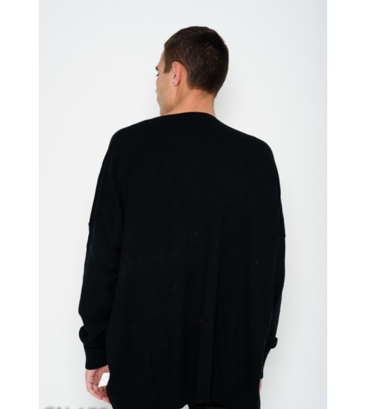 Черный комфортный ангоровый однотонный свитер с V-образной манжеткой на горловине