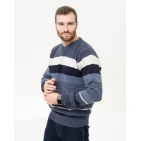 Синий шерстяной полосатый пуловер