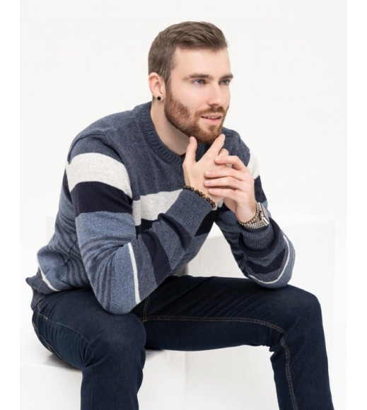 Синий шерстяной полосатый пуловер