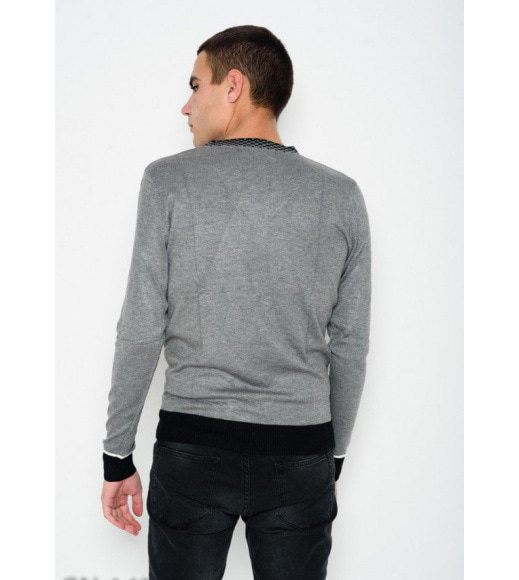 Класичний сірий ангоровий светр з картатої V-подібної манжеткою на горловині