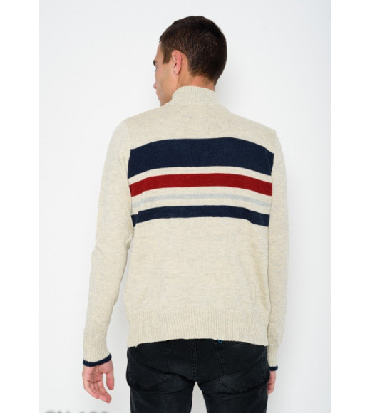 Бежевый меланжевый полосатый шерстяной свитер с молнией на горловине