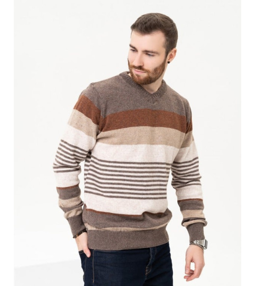 Коричневий вовняний смугастий пуловер