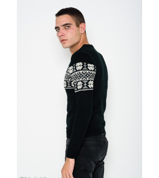 Чорний в`язаний шерстяний светр з етнічним візерунком