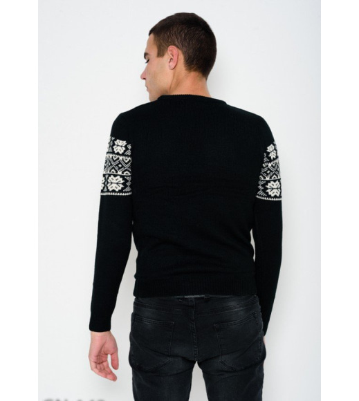 Черный шерстяной вязаный свитер с этническим узором