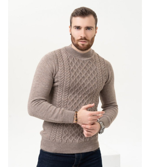 Коричневий вовняний светр із об'ємними візерунками