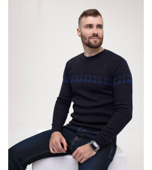 Темно-синий вязаный свитер с геометрией
