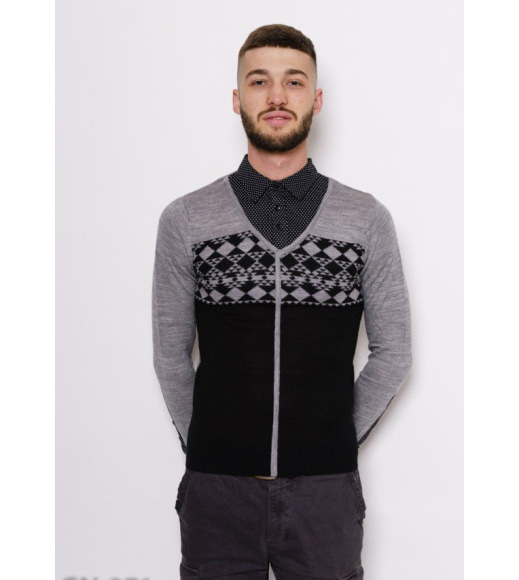 Комбінований чорно-сірий светр з етнічним декором і сорочковим коміром