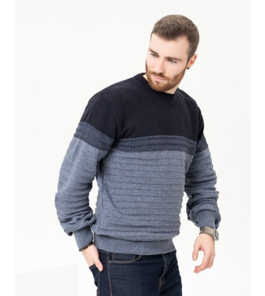 Темно-синій вовняний светр з об'ємними смужками