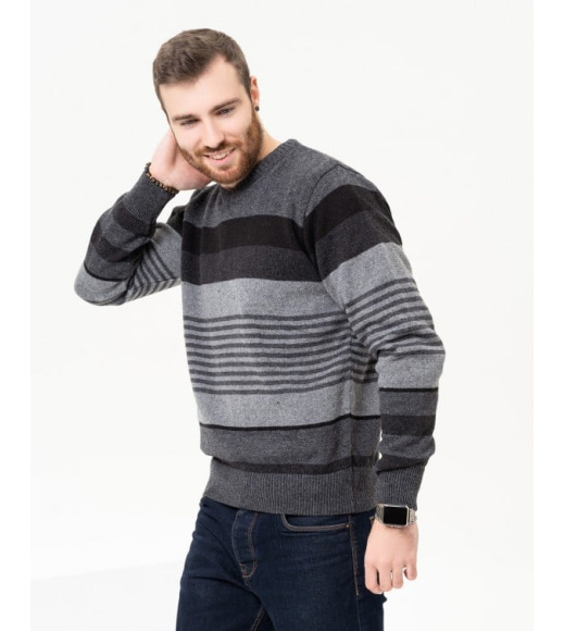 Темно-серый шерстяной полосатый пуловер