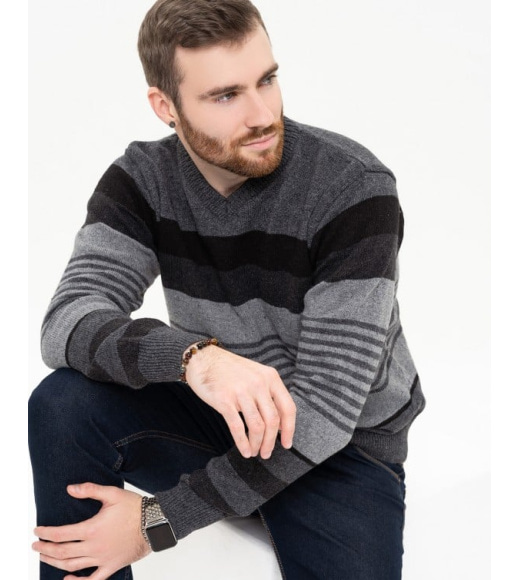 Темно-сірий вовняний смугастий пуловер