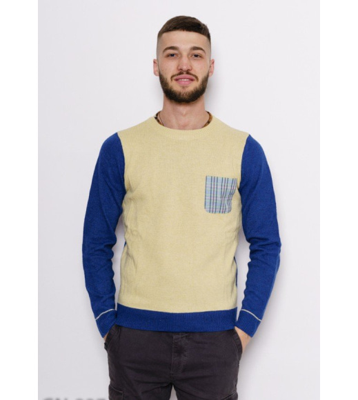 Синьо-жовтий в`язаний шерстяний светр з кишенею