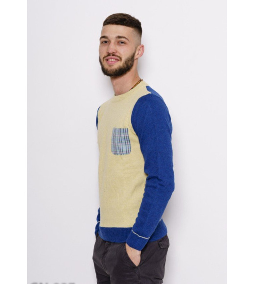 Сине-желтый вязаный шерстяной свитер с карманом