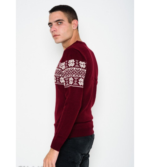 Бордовый шерстяной вязаный свитер с этническим узором