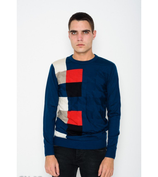 Синій тонкий светр з яскравим геометричним декором