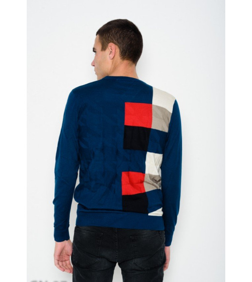 Синий тонкий свитер с ярким геометрическим декором