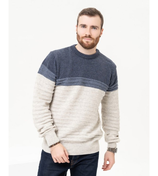 Синій вовняний светр із об'ємними смужками
