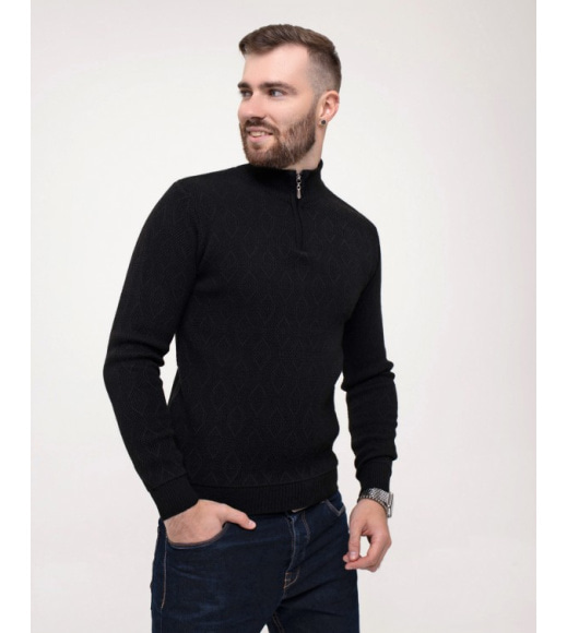 Чорний вовняний светр з коміром на блискавці