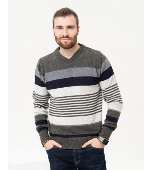 Шерстяной полосатый пуловер цвета хаки