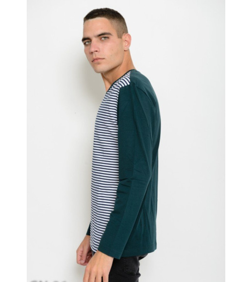 Зеленый с полосатым принтом тонкий трикотажный свитер