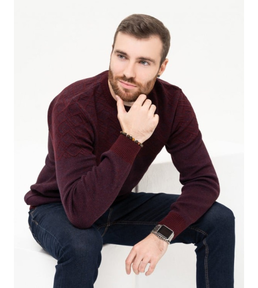 Бордовый хлопковый свитер с геометрическим узором