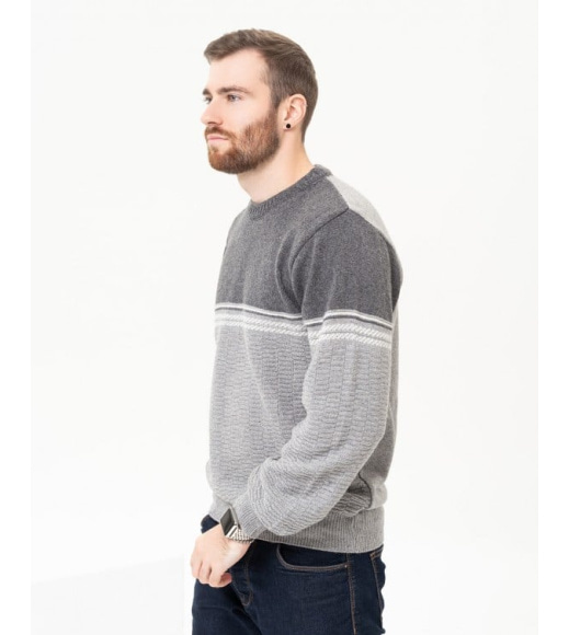 Серый шерстяной свитер с контрастным низом