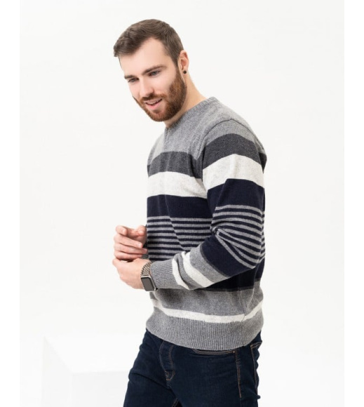 Сірий вовняний смугастий пуловер