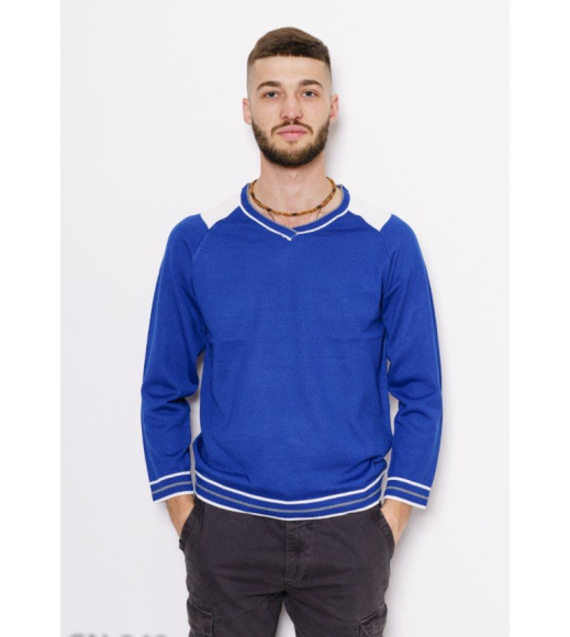 Синій ангоровий светр з рукавами реглан та фактурними манжетами