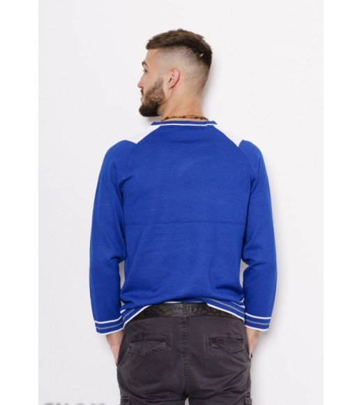 Синій ангоровий светр з рукавами реглан та фактурними манжетами